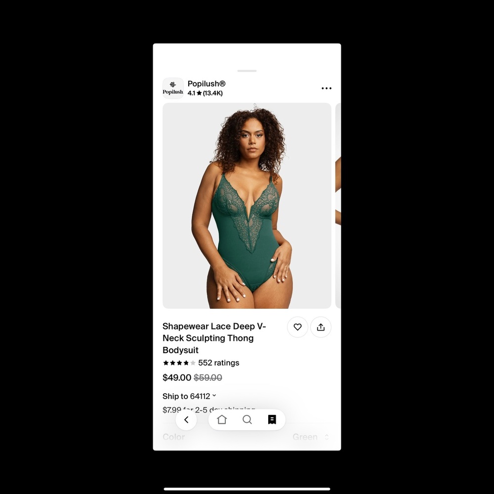 Brand New Popilush Shapewear Lace Deep V-Neck Sculpting Thong Bodysuit- green